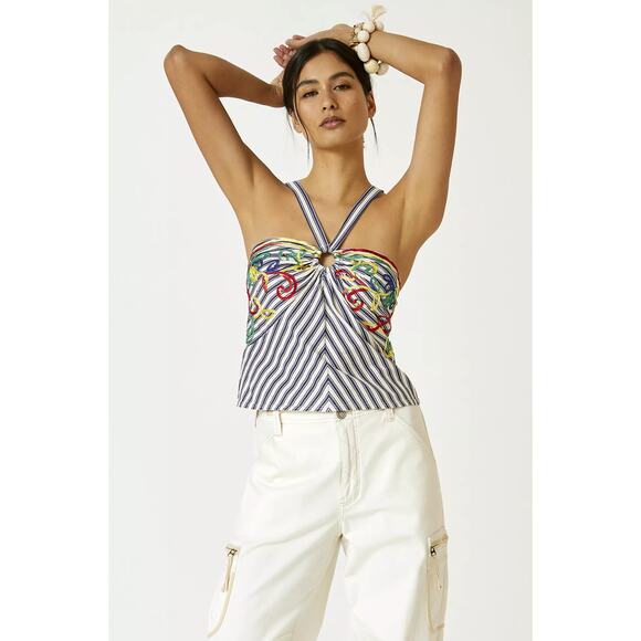 Anthropologie Tiny Avril Embroidered Striped Knit Halter - New - Large - Picture 1 of 9